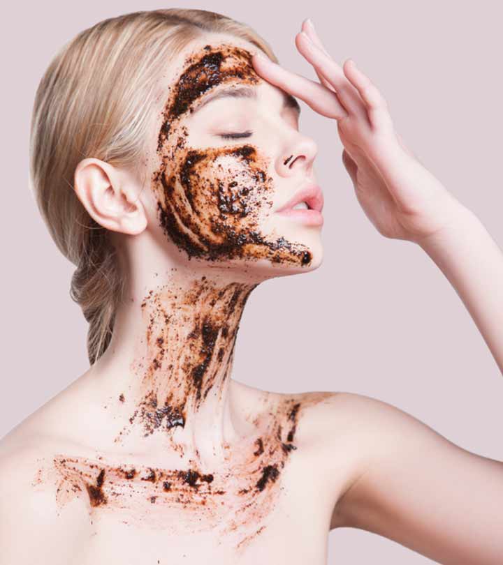 A woman is using a DIY coffee scrub