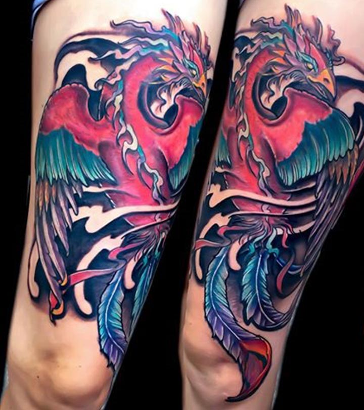 Woman with a phoenix tattoo on her thighs