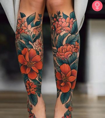 woman with flower leg sleeve tattoo