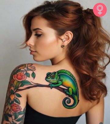 Woman wearing a chameleon tattoo on her back shoulder Woman wearing a chameleon tattoo on her back shoulder