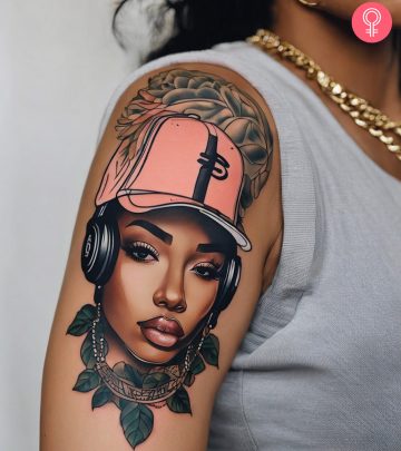 A woman with a female rapper tattoo design A woman with a female rapper tattoo design
