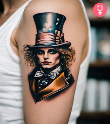 A Mad Hatter tattoo on a woman’s upper arm A Mad Hatter tattoo on a woman’s upper arm