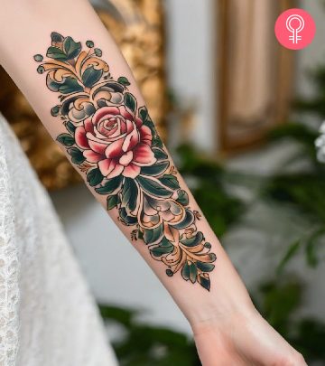 A colorful baroque tattoo with roses and leaves on the forearm A colorful baroque tattoo with roses and leaves on the forearm