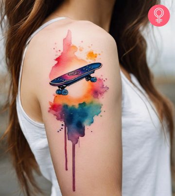 A colorful watercolor skateboard tattoo on the upper arm A colorful watercolor skateboard tattoo on the upper arm