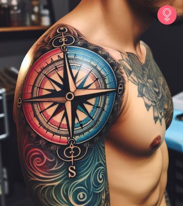 A man with a colorful compass tattoo on the arm. A man with a colorful compass tattoo on the arm.