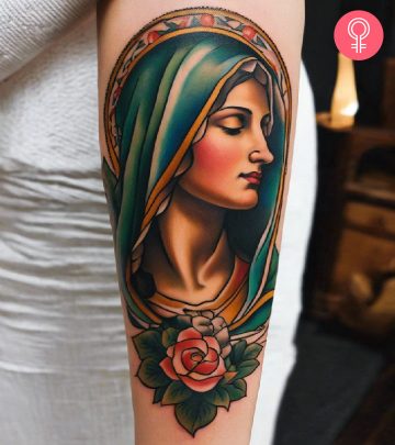 A traditional Mother Mary tattoo on the arm A traditional Mother Mary tattoo on the arm