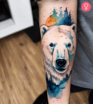 A watercolor polar bear tattoo on the forearm A watercolor polar bear tattoo on the forearm
