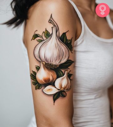 A woman flaunting a garlic tattoo on her arm A woman flaunting a garlic tattoo on her arm