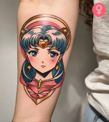 A woman sporting an anime tattoo on her forearm A woman sporting an anime tattoo on her forearm