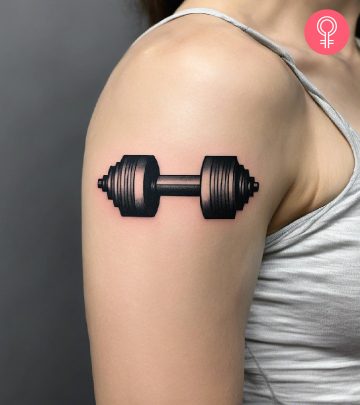 A woman with a dumbbell tattoo on her upper arm A woman with a dumbbell tattoo on her upper arm