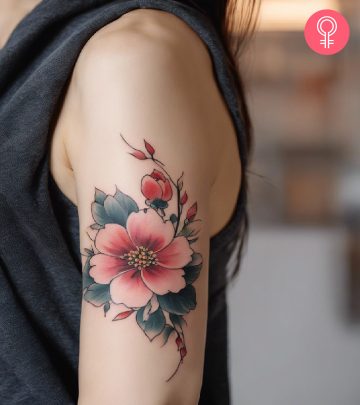 A woman with a flower Korean tattoo on her upper arm A woman with a flower Korean tattoo on her upper arm