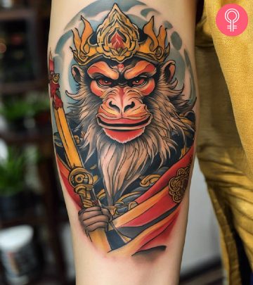 A woman with a Monkey King tattoo on her upper arm