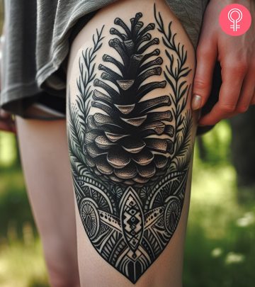 A woman with a pine cone tattoo on her thigh A woman with a pine cone tattoo on her thigh