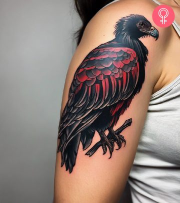 A woman with a vulture tattoo on the upper arm A woman with a vulture tattoo on the upper arm