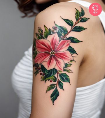 December birth flower tattoo on the upper arm December birth flower tattoo on the upper arm
