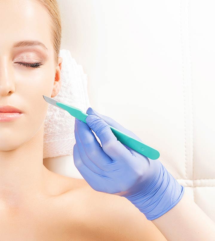 A woman is undergoing dermaplaning for her face A woman is undergoing dermaplaning for her face