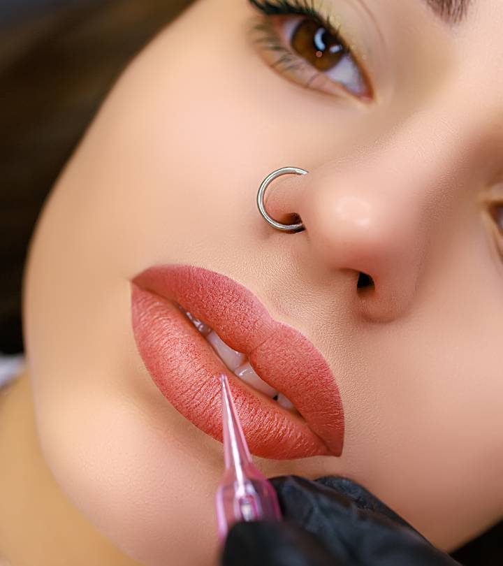 Women undergoing cosmetic tattooing procedure on lips. Women undergoing cosmetic tattooing procedure on lips.