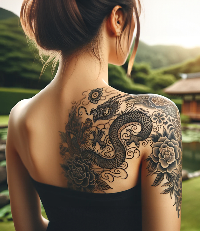 A woman with a traditional Japanese tattoo design on her back A woman with a traditional Japanese tattoo design on her back