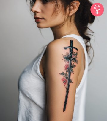 Katana tattoo design on the arm of a woman Katana tattoo design on the arm of a woman