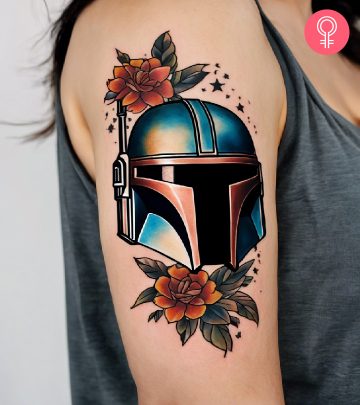 Mandalorian helmet with flowers on the forearm Mandalorian helmet with flowers on the forearm