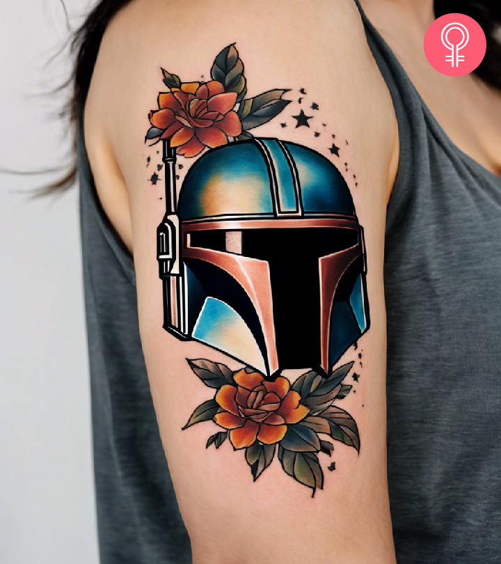 8 Beautiful Mandalorian Helmet Tattoo Designs Mandalorian helmet with flowers on the forearm
