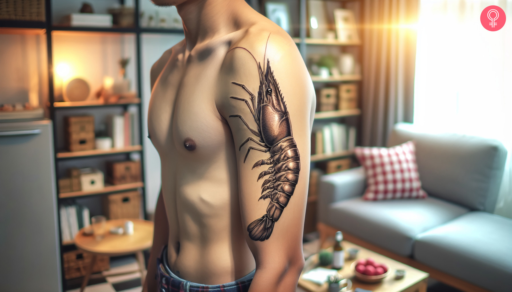 Realistic shrimp tattoo on the upper arm of a man