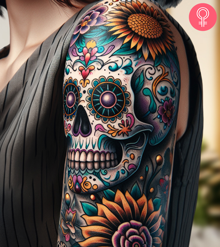 8 Best Sugar Skull Stunning Tattoo Designs & Meanings Stripe tattoo on a woman’s arm