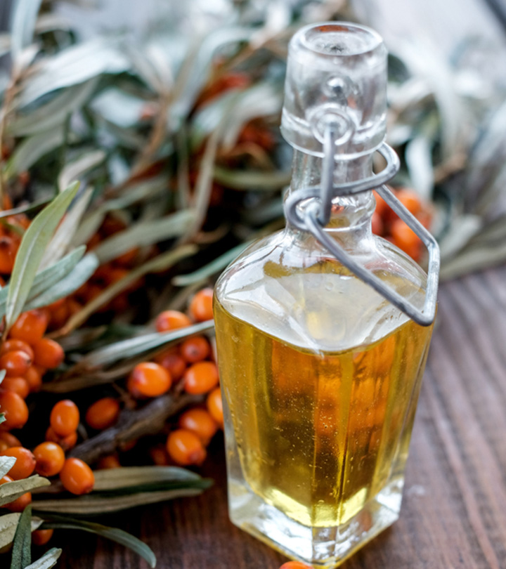 Sea buckthorn oil in a glass bottle Sea buckthorn oil in a glass bottle