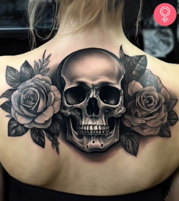 A woman sporting a skull and death grayscale tattoo on her upper back A woman sporting a skull and death grayscale tattoo on her upper back